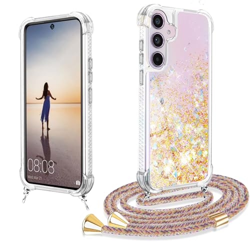 XCYYOO Handykette für Samsung Galaxy A55 5G Hülle mit Band,Glitzer Treibsand Silikon Stoßfest Galaxy A55 5G Handyhülle mit Kette Transparent TPU Schutzhülle Quicksand Schutzhülle zum Umhängen.(Gold)
