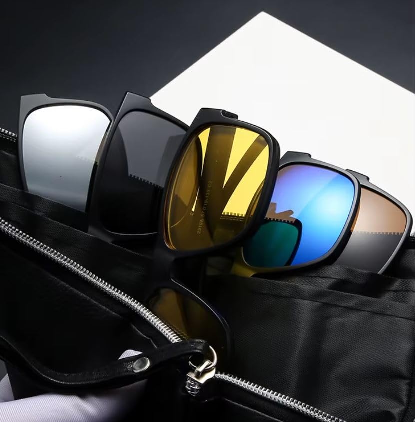 Image of 5 in1 Non Polarized Magnetic Clipon Rectangular UV Protected Sunglasses Eye Glasses With 400 Night draving Men Women Unisex