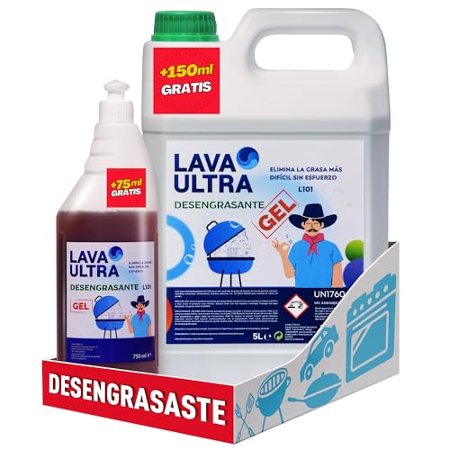 Desengrasante Consentrdo Gel Industrial 5.15L y 825 ml.- Quitagrasas y Quita Suciedad Multiusos para Cocina, Barbacoa, Coche,Talleres, Embarcaciones y Más, Suelos Industriales. (Pack: 5 l + 750 ml)
