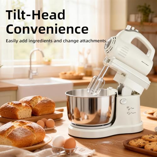 3.2QT 2-in-1 Stand Mixer, Electric Kitchen Mixer with Auto-Rotating Bowl & Tilt-Head, 5-Speed 250W Turbo Baking Machine for Beginners with Beater & Dough Hook for Cookie, Bread, Cake (White) - Image 4