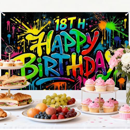 Image of Nuxovilar 18th Birthday Banner Polyester Graffiti Backdrop Decor 71 inchx43