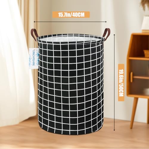 Image of Laundry Basket Canvas Fabric Collapsible Organizer Basket for Storage Bin Toy Bins Gift Baskets Bedroom Clothes Children Nursery Hamper (Black Grid)