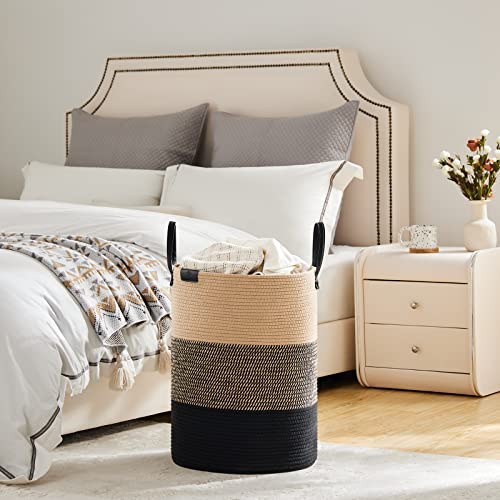 Image of VIPOSCO 58L Tall Woven Rope Laundry Hamper, Leather Handles, Brown & Black | Large Wicker Laundry Basket for Dirty Clothes, Blanket, Toy, Towel, Yoga Mat, Storage Bin in Bedroom, Bathroom, Living Room