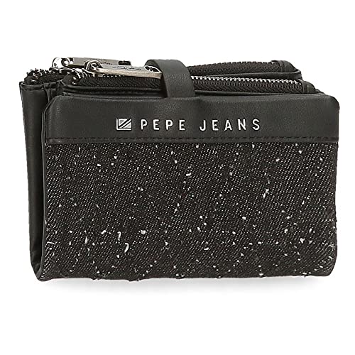Pepe Jeans Daila Cartera con Tarjetero Negro 14,5x9x2 cms Algodón, Poliéster y PU.