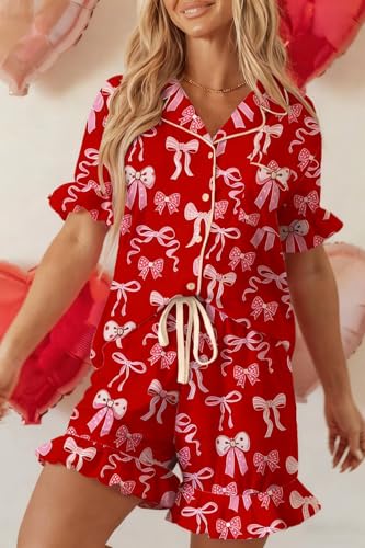 Image of KevaMolly Women Novelty Knotted Candy Cane Christmas Pajama Set | Christmas Floral Bow Print PJ Set, Button Lapel Knotted Drawstring Shorts with Convenient Side Pockets