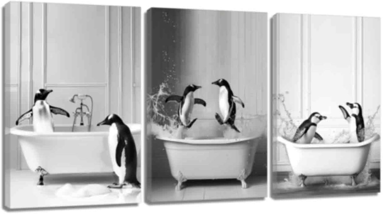 ZQQART Penguin Bathroom Canvas Wall Decor 3PCS Cute Penguin Painting Black and White Bathroom Animal Prints Nursery Kids Room Decor (12"x16"x3)