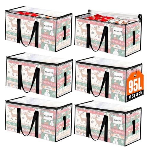 Umzugstaschen 95-Liter,6er-Set Große Aufbewahrungstaschen,klar Umzugskartons mit Deckeln,Heavy-Duty Umzugskartons mit Reißverschlüssen und verstärkten Griffe,Moving Boxes für Kleidung und Decken