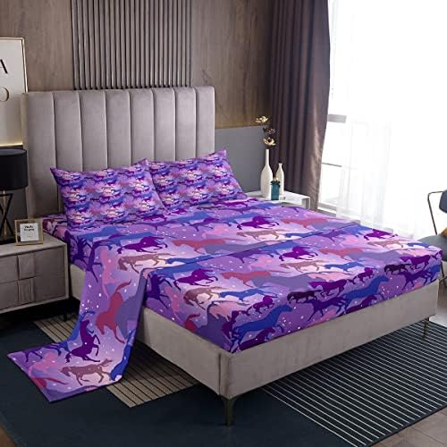 Feelyou Horse Kids Toddler Sheet Set Galaxy Steed Teens Bed Sheets Boys Girls Galloping Horse Bed Set 3D Wild Animal Purple Blue Pink Decor Sheets Bedroom Collection 3Pcs Twin Size