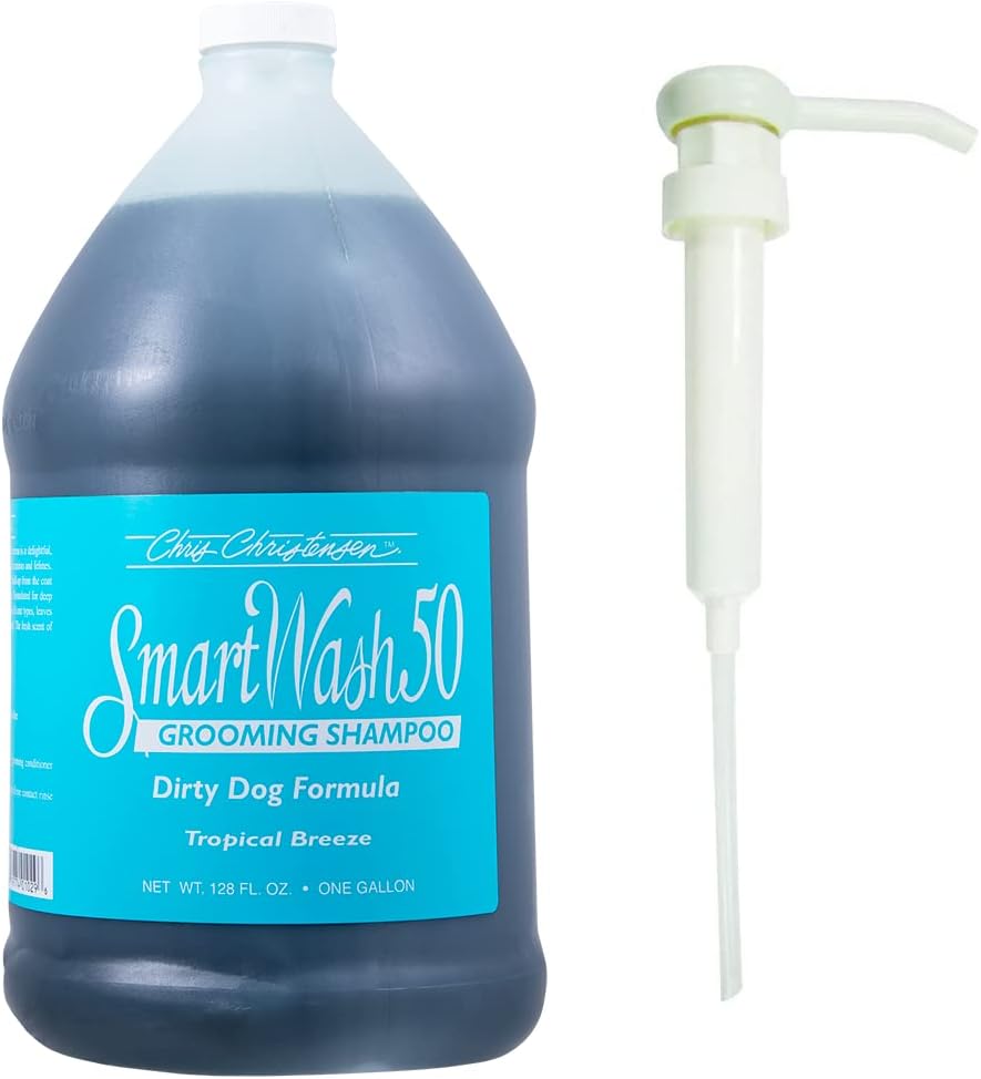 Chris Christensen Gallon Liquid and Gallon Pump Dispenser Bundle- SmartWash50 Tropical Breeze Ultra Concentrated Dog Shampoo, Suitable for all Coats + Gallon Pump Dispenser, Easily Dispenses, No Mess