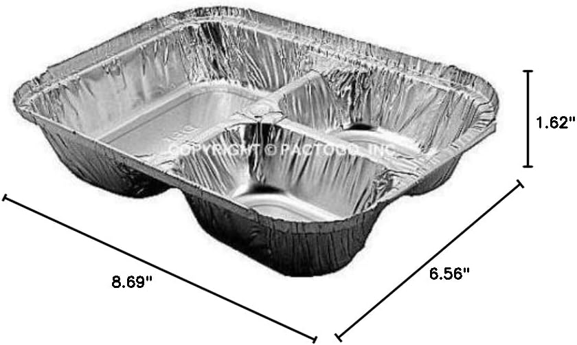 Durable Packaging 3-Compartment Oblong Aluminum Foil Take-Out Pan w/Board Lid 25 Pack - Disposable (pack of 25)