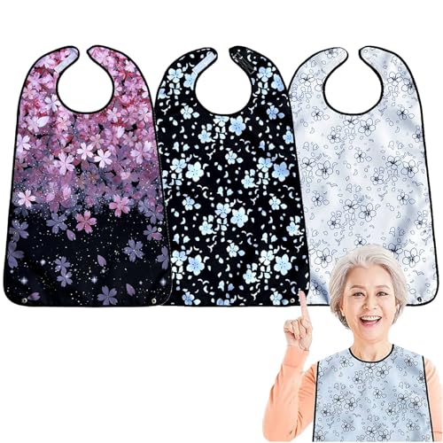 Bavoirs imperméables lavables pour adultes | Lot de 3 avec ramasse-miettes fleurs de cerisier