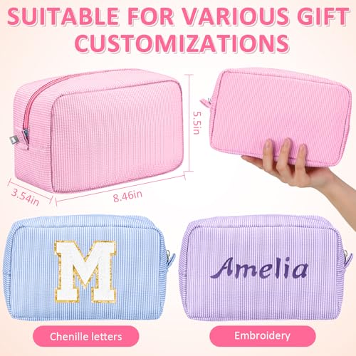 Sanwuta 3 Pcs Seersucker Cosmetic Bag Seersucker Makeup Bag Women Stripe Large Travel Toiletry Organizer Preppy Storage Pouch for Embroidery Wedding Bridesmaid Bride Mom Gift(Pink, Light Blue, Purple)2