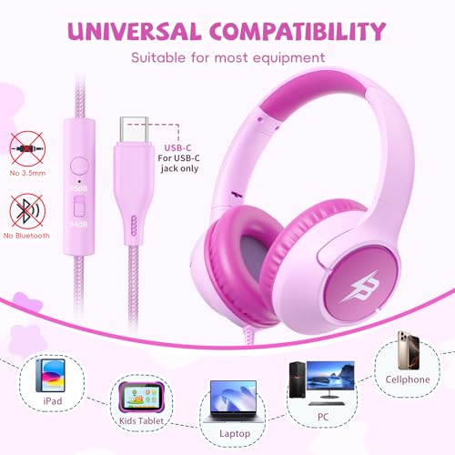 Image of USB C Headphones Wired for Kids, 85 /94dB Volume Limit With Mic, Rosy Pink | Kid Headphones for School, Wired Over Ear USBC Plug in Corded Headphones for Boys Girl Toddler, iPad, Tablet, Airplane Travel