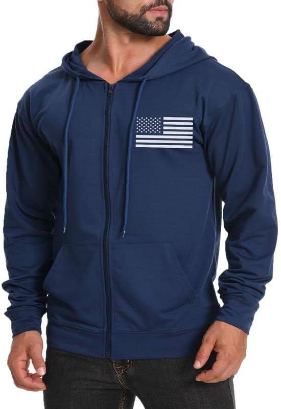 H HYFOL Men's Lightweight Full-Zip USA Flag Graphic Long Sleeve Hoodie American Patriotic Casual Sweatshirt