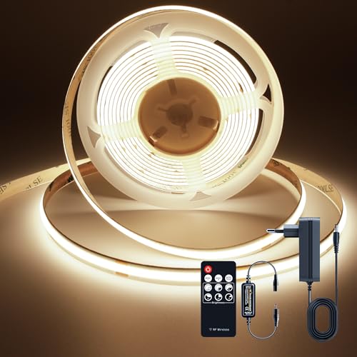 TTWAY COB LED Streifen 2M, LED Streifen Warmweiss 3000K, 24V Dimmbar LED Strip, 480LEDs/M, CRI92, 8mm Breite, mit Fernbedienung und Netzteil, für Home Dekoration, Küche, Spiegel
