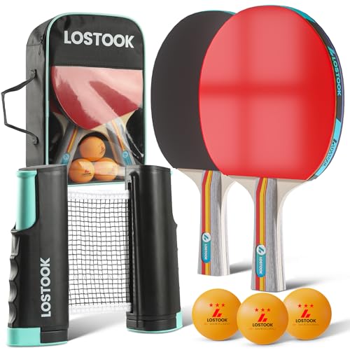 Lostook Professional Ping Pong Paddles Set of 2 with Table Tennis Rackets and 3 Star Balls, Portable Ping Pong Table Net with Clamps for Any Table, Home/Outdoor Games Gray Color