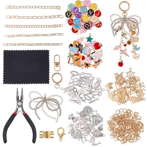 Kit fabrication porte-clés 325 pcs avec breloques dorées et pinces pour bijoux