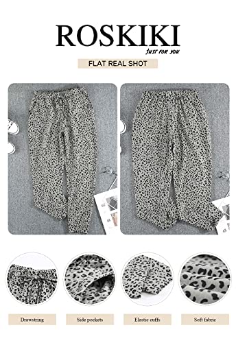 Roskiki Womens Drawstring Joggers Pants Active Lightweight Casual Leopard Long Sweatpant Trousers With Pocket Khaki Large #TOP2