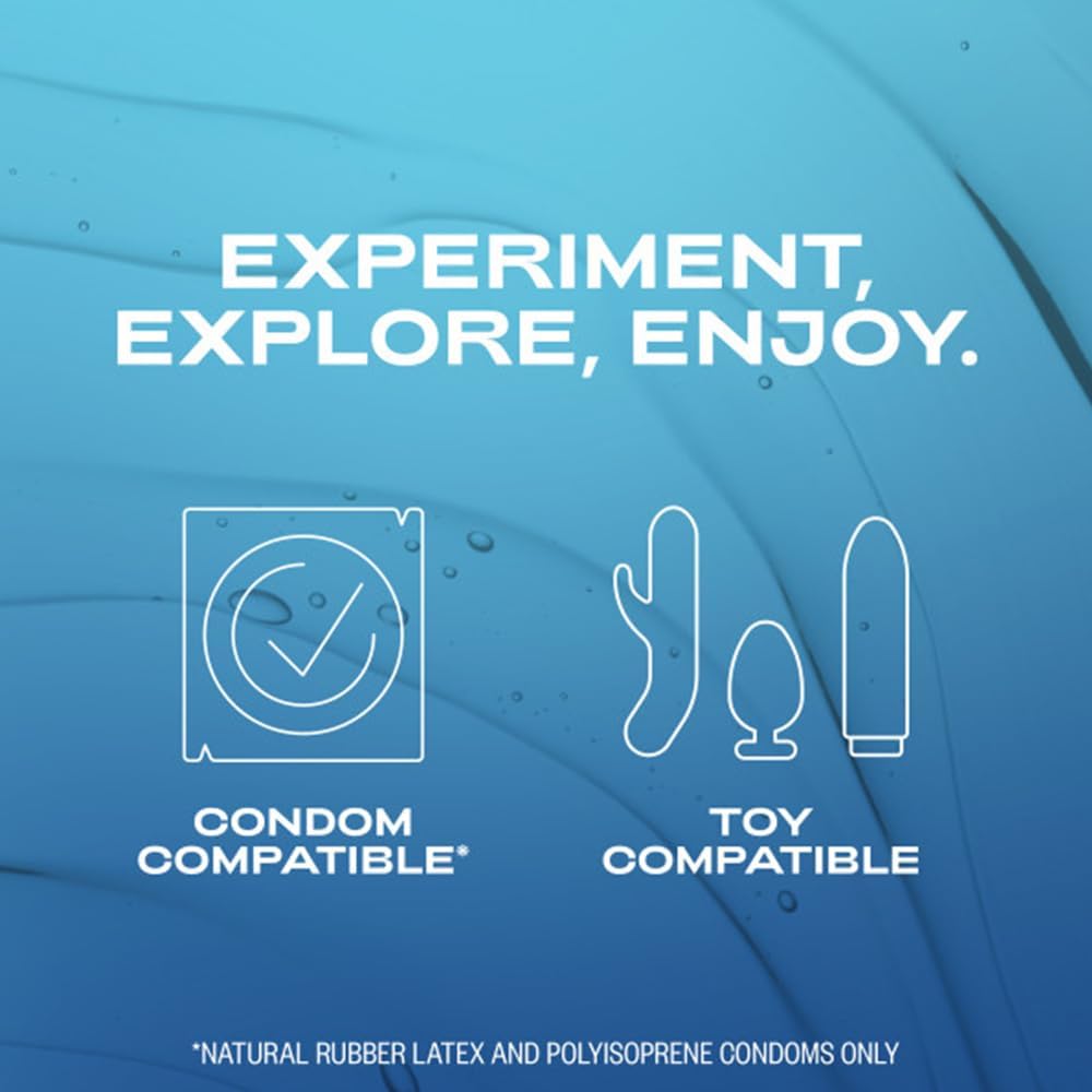 Graphic showing icons for 'CONDOM COMPATIBLE' and 'TOY COMPATIBLE' with a note about natural rubber latex and polyisoprene condoms.