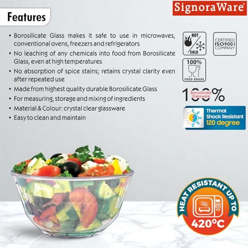 Image of SignoraWare Prism Brorsilicate Glass Serving Bowl | Microwave Safe | Elegant Design for Everyday Use | Mixing & Serving Bowl | Ideal for Cooking, Storing, Reheating & Serving Food (1 LTR | Clear)