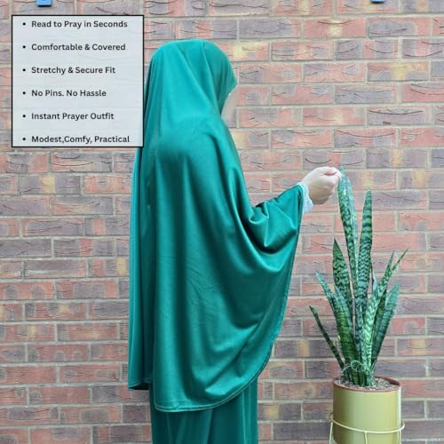 Yaqeen Prayer Set Two Piece (Headscarf + Skirt) One Size Pull on Khimar Stretchy Lycra Ideal Everyday/Home/Work/Travel/Hajj/Umrah/Mosque/Madrassa/Ramadan/Eid/Gift (Green)