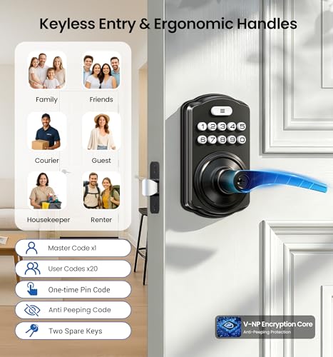 Image of Veise Keypad Door Lock with Handle, Keyless Entry for Front Door & Bedroom, Electronic Lock with Code, Auto-Locking, Easy Installation, Passage Mode, Matte Black