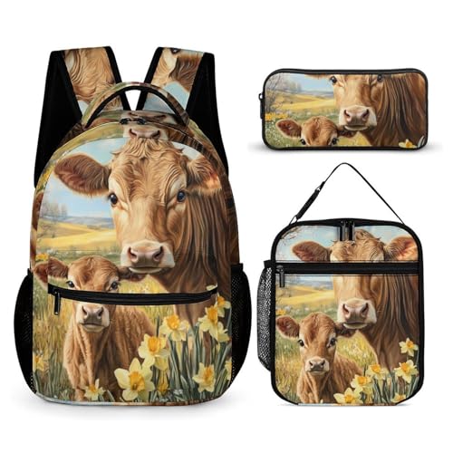 Cow Mama And Little 3 PCS Backpack Set Casual Daypack with Insulated Lunch Bag & Pencil Case