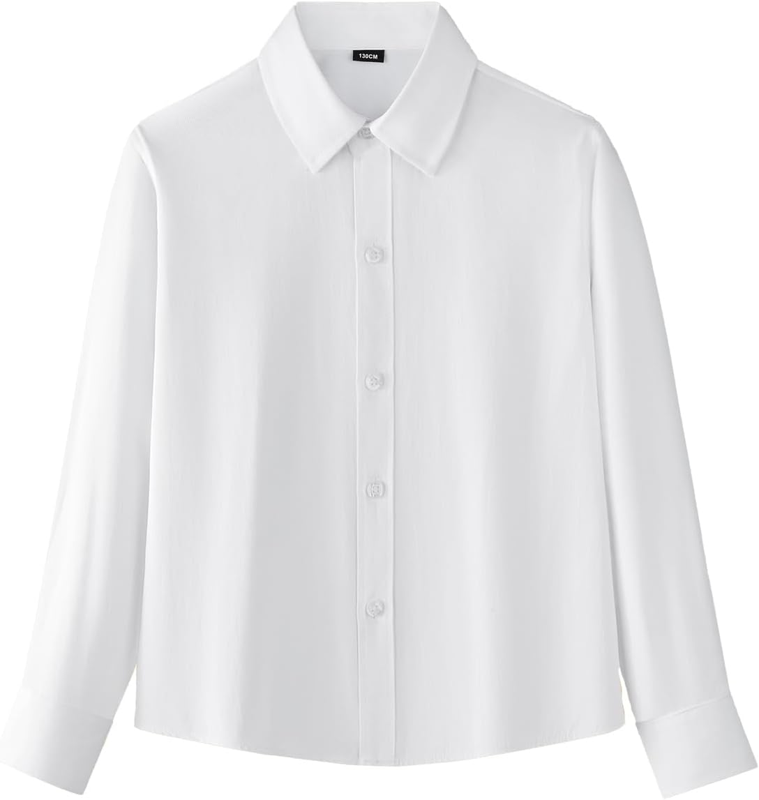 HILEELANG Boy School Uniform Shirt Kids Classic White Blue Long Sleeve Button Down Dress Shirt Ages 5-16