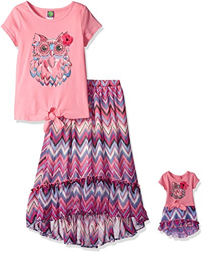 Dollie & Me Girls' Short Sleeve Knit Top with Owl Screen Print and Chevron Printed Chiffon Hi-Low Skirt