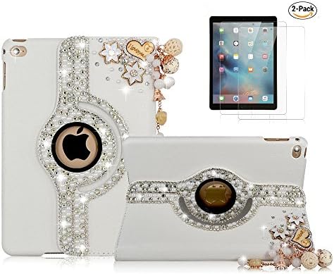 STENES iPad Pro 12.9 Case - Stylish - 3D Handmade Bling Crystal Heart Pendant Flowers Floral 360 Degree Rotating Stand Case Smart Cover Auto Sleep/Wake Feature for iPad Pro 12.9 inch (2017) - Gold