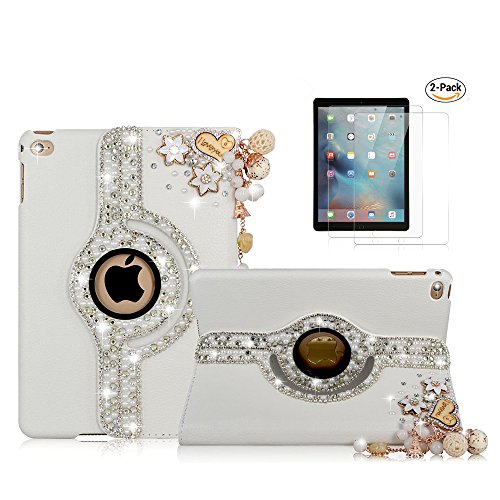 Stenes Ipad Pro 12.9 Case - Stylish - 3D Handmade Bling Crystal Heart Pendant Flowers Floral 360 Degree Rotating Stand Case Smart Cover Auto Sleep/Wake Feature For Ipad Pro 12.9 Inch (2017) - Gold #TOP1