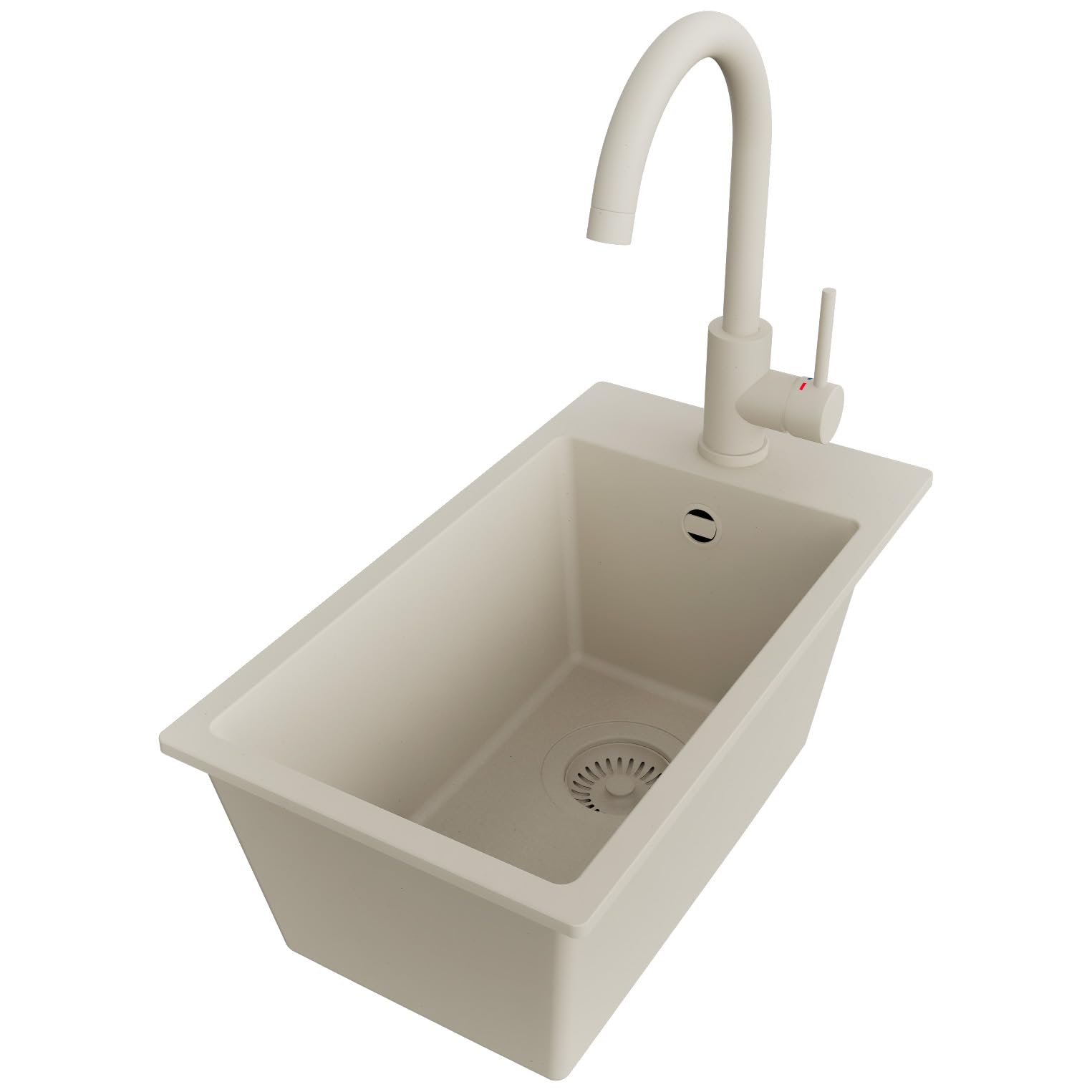 PRIMAGRAN Fregadero Granito Todo Beige - Riga, 28x50cm | Cocina 1 Seno + Grifo 32x20cm + Set de accesorios, sobre Encimera al Mueble 30cm (S018)