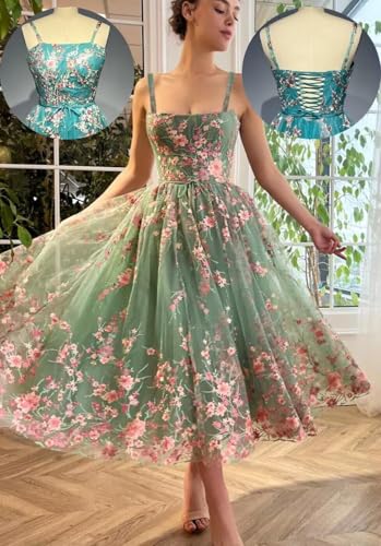 A-line Flower Tulle Prom Dress for Women, Square Neck Spaghetti Formal Evening Tea Length Party Gowns3