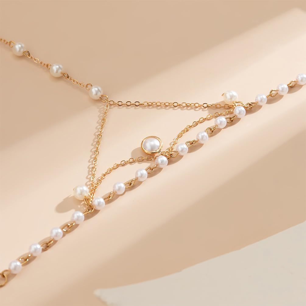 Cute Beaded Pearl Gold Hand Chain Bracelets Rings for Women Dainty, Exquisite Beads Pearls Finger Ring Slave Bracelet Party Prom Jewelry Accessories Gift - Image 5