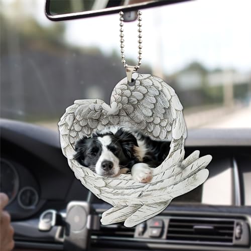 Talataca Border Collie Sleeping Angel Wing Memorial Dog 2D Flat Car Rear View Mirror Accessories Christmas Tree Ornament Decoration Hanging Charm Interior Rearview Pendant Decor Gift