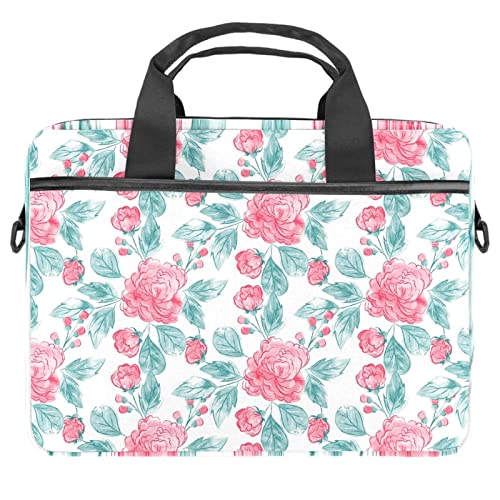 Sacoche ordinateur 13-14.5" verte au motif floral champêtre avec poignée et bandoulière amovible