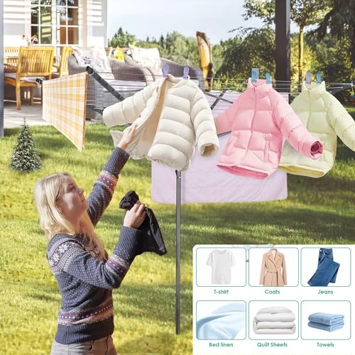 ybaymy Wäschespinne Wäscheständer 4-armig Wäscheschirm, Schwenkbarer Wäschespinne Draußen mit Schutzhülle, 50M Wäscheleine inkl. Bodenhülse Kleiderbügel für saubere Wäsche Aluminiumarmen – Bild 7
