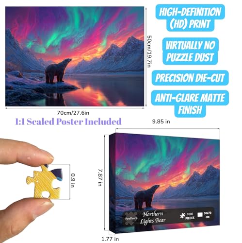 Rompecabezas para Adultos de 1000 Piezas: Oso bajo las Luces del Norte, Difícil e Imposible, Sin Polvo, con Letras en el Reverso y Poster a Escala 1:1, Juego Familiar, Decoración para el Hogar y Regalo (27,6" x 19,7") miniatura 4
