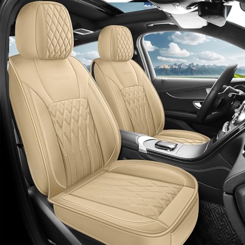 crossmiles Car Leather Seat Cover，Protector Seat Waterproof Automotive Seat Covers Full Sets Super Breathable Universal Fit Cover for Most Car Fount and Back，（Beige-Wave，5pcs）