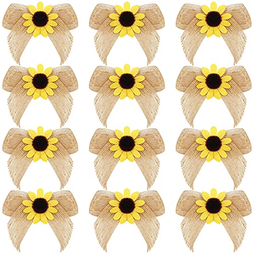 Syhood 12 Pieces Sunflower Burlap Bow 3 Inch Summer Artificial Handmade Wreath Bow Fall Natural Sunflower Decor for Crafts Summer Fall Christmas Tree DIY Home Decoration