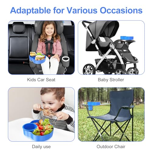 Image of [2 Pack] Kids Car Seat Travel Tray: Carseat Snack Tray for Food Eating, Baby Snacks Plate for Toddlers with Cup Holder Bases, Kids Road Trip Essentials, Blue
