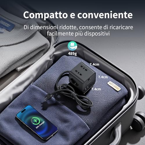 Ciabatta Elettrica Multipresa con 4 Prese Universali 10/16A ITA e Schuko, 2 M Prolunga Elettrica con 2 USB A+2 USB C,Presa Multipla Spina Piatta Salvaspazio con Interruttori per Casa, Ufficio Nero - Immagine 5