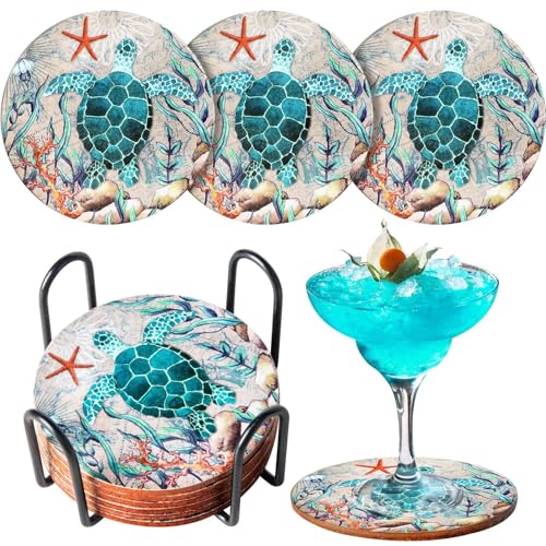 Lot de 6 dessous de verre pour boissons en liège avec support Motif tortue et vie océanique Décoration côtière Thème plage Tropical Épais Robuste Dessous de verre en liège pour pendaison de