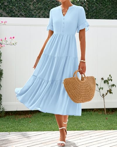 Image of BTFBM Summer Dresses for Women 2025 Vacation V Neck Loose Short Sleeve A Line Tiered Flowy Casual Midi Beach Dress