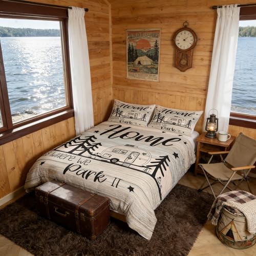 RV Happy Camping Bedding Set Queen Size,Home is Where We Park It Duvet Cover Set for Children Bedroom Present, Rustic Farm Camping Lovers Microfiber Comforter Cover with 2 Pillowcases