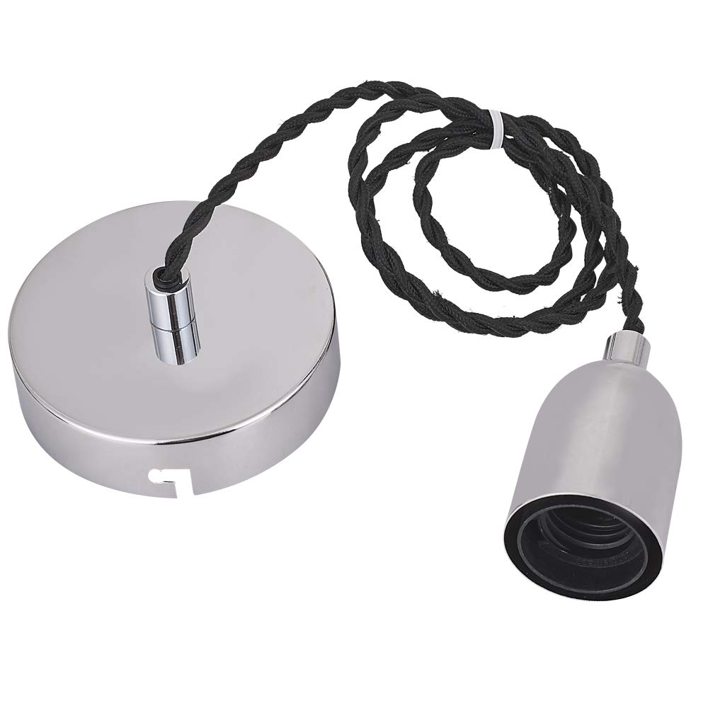 COZZY Chrome Ceiling Pendant Light Fitting, Plated Aluminum E27 Screw Lamp Holder, 1000MM Black Braided Flex, Suspended Pendant Ceiling Rose.82002ABS Bulbs Not Included