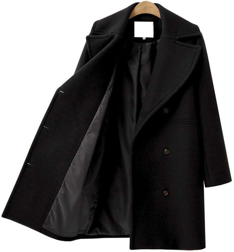 utcoco Women's Wool Blend Double Breasted Pea Coat Notched Lapel Mid Long Trench Overcoat with Pockets - Image 2