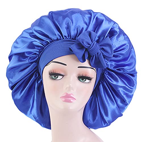 Isshin Beauty Satin Bonnet Silk Bonnet with Elastic Tie Band Adjustable Straps Hair Bonnet Jumbo Size for Sleeping Satin Bonnet Stretchy Tie Band for Women Long Curly Braid Hair (Blue)