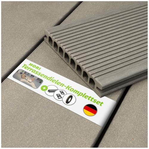 HORI WPC-Terrassendiele Royal Hellgrau Hohlkammer | Komplettset inkl. 45x45 mm Unterkonstruktion & Clips | Langlebig & Pflegeleicht für Terrasse und Balkon Fläche: 17 m² I 4,00 m Dielenlänge