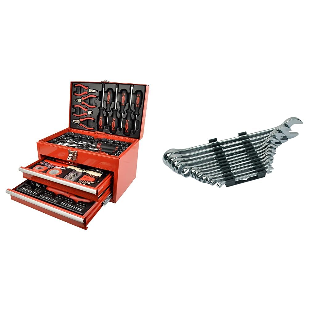Brüder Mannesmann M29066 Bestückte Werkzeugbox, 155-tlg & M19652 Gabelringschl DIN 3113 Satz, 12-tlg
